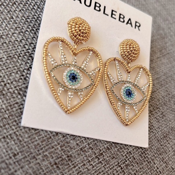 Brand New BaubleBar Evil Eye Heart Gold Tone Beaded Sparkly Drop Earrings - Picture 3 of 11